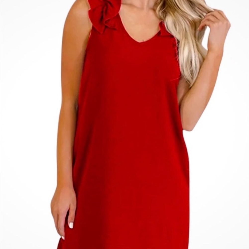 entro Red Midi Dress with Ruffle Shoulder